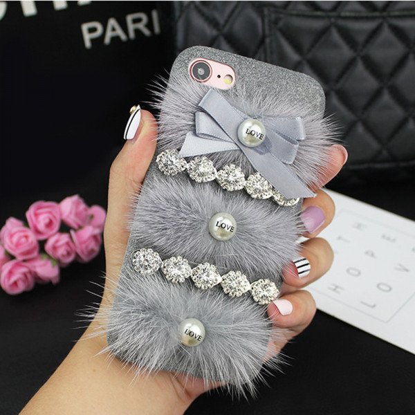 Wholesale iPhone 7 Plus Love Jewel Fur Fuzzy Plush Case (Gray)